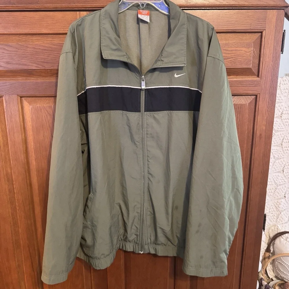 Nike Jacket Mens Large Olive Green Mini Swoosh Fleece Lined Full Zip Striped 00s